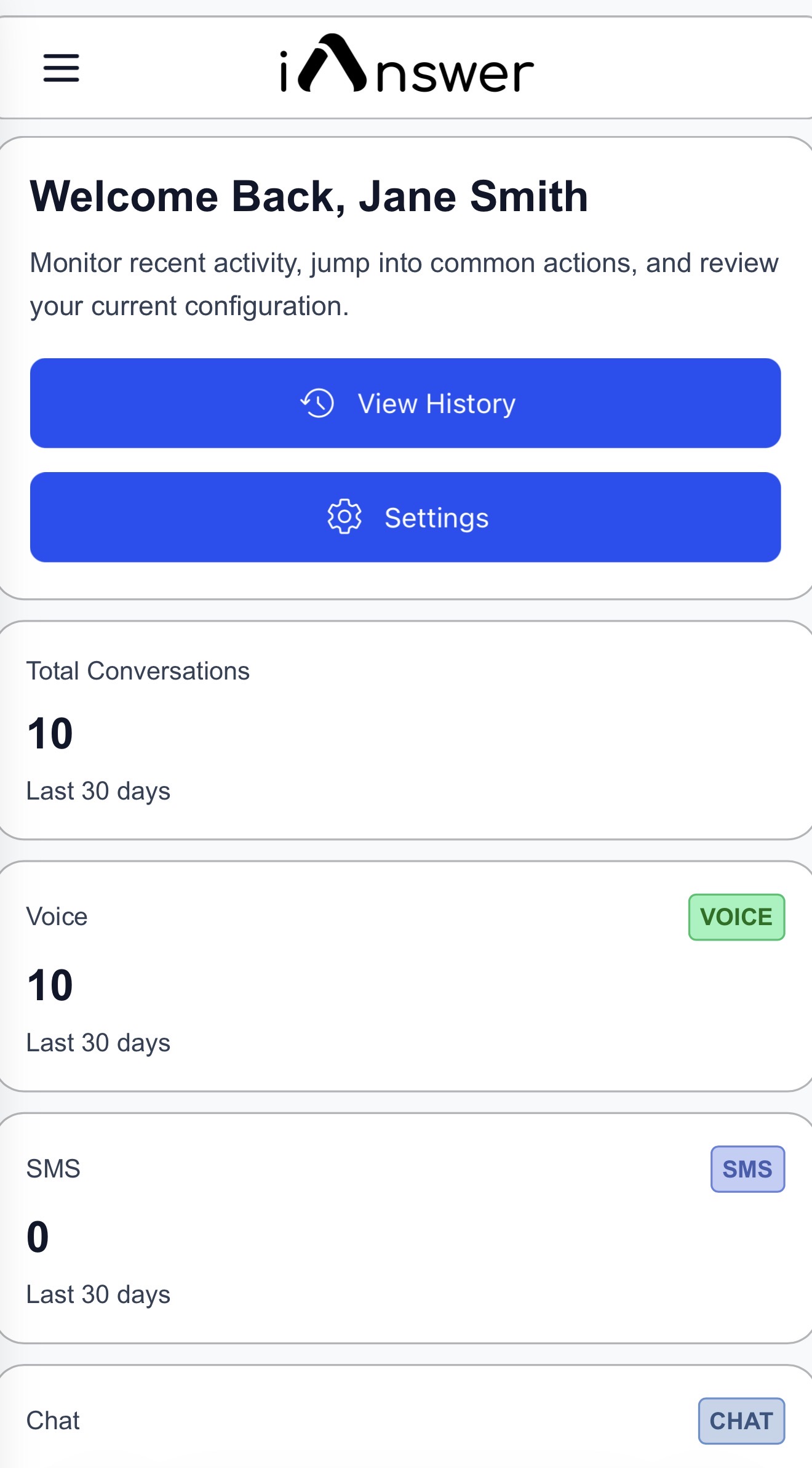 iAnswer client dashboard with activity cards and quick actions