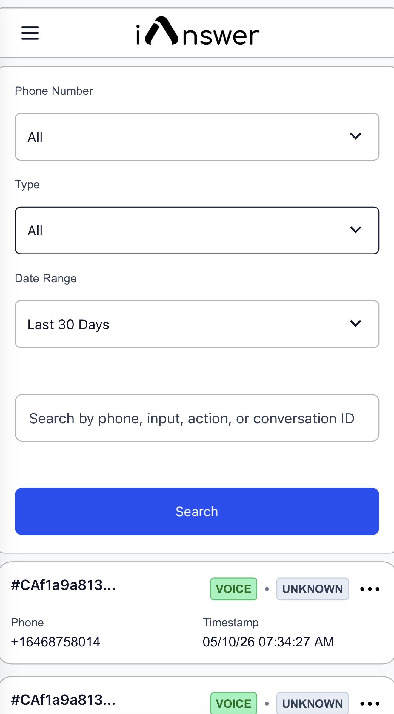 iAnswer contact history filters and conversation records