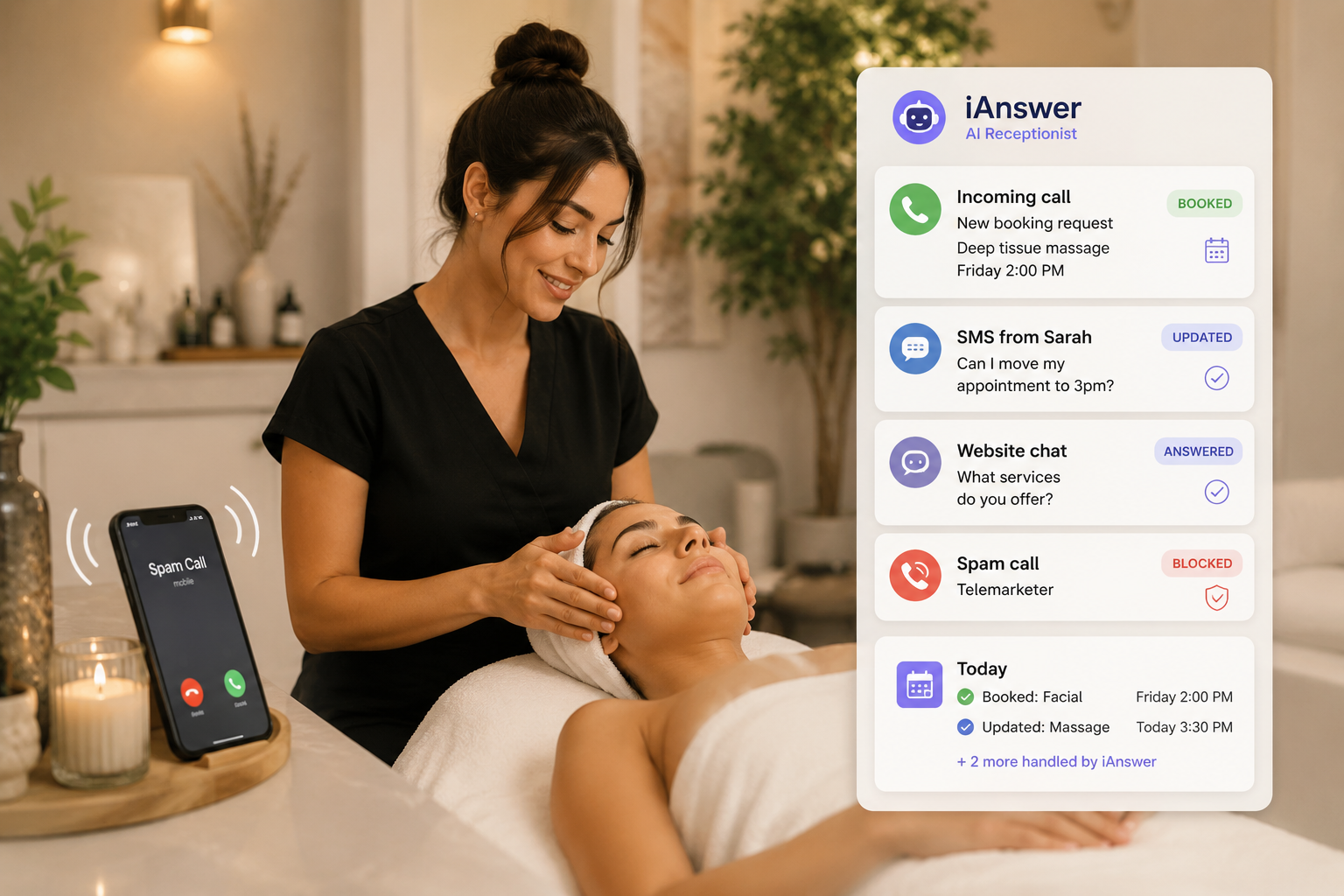 Spa professional helping a customer while iAnswer handles calls, SMS, web chat, and spam calls