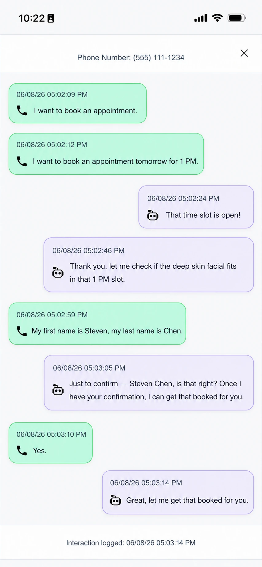 iAnswer booking conversation showing Steven Chen scheduling an appointment