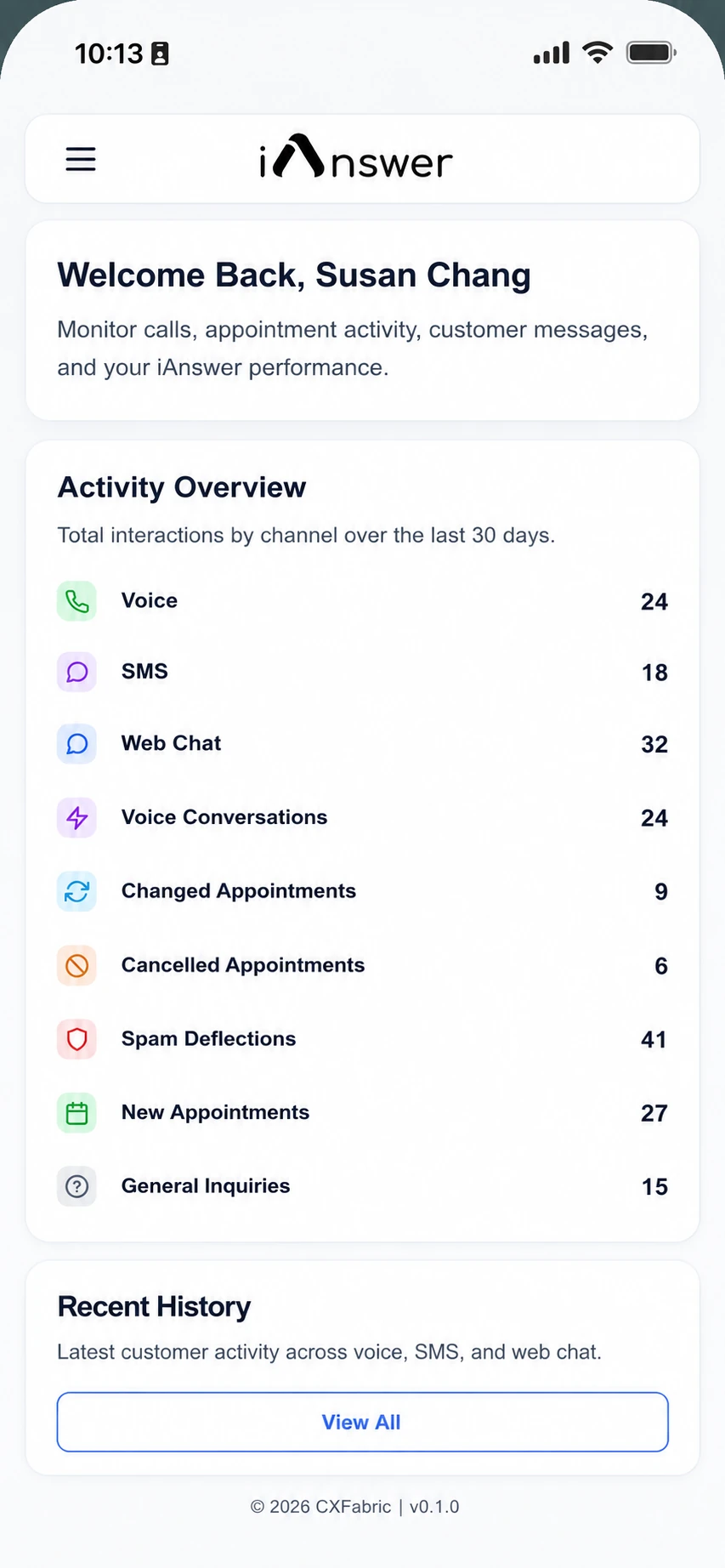 iAnswer client dashboard showing activity overview and recent history for Susan Chang