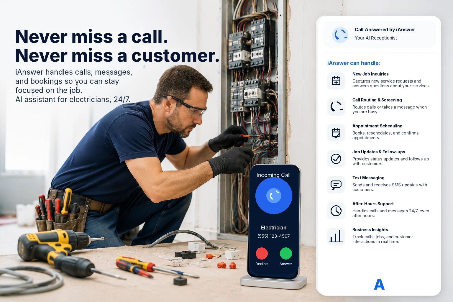 Electrician working while iAnswer handles incoming calls, messages, appointments, and customer updates