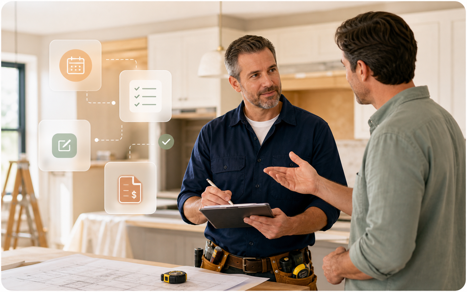 Contractor talking with a customer while notes and follow-up tasks are organized