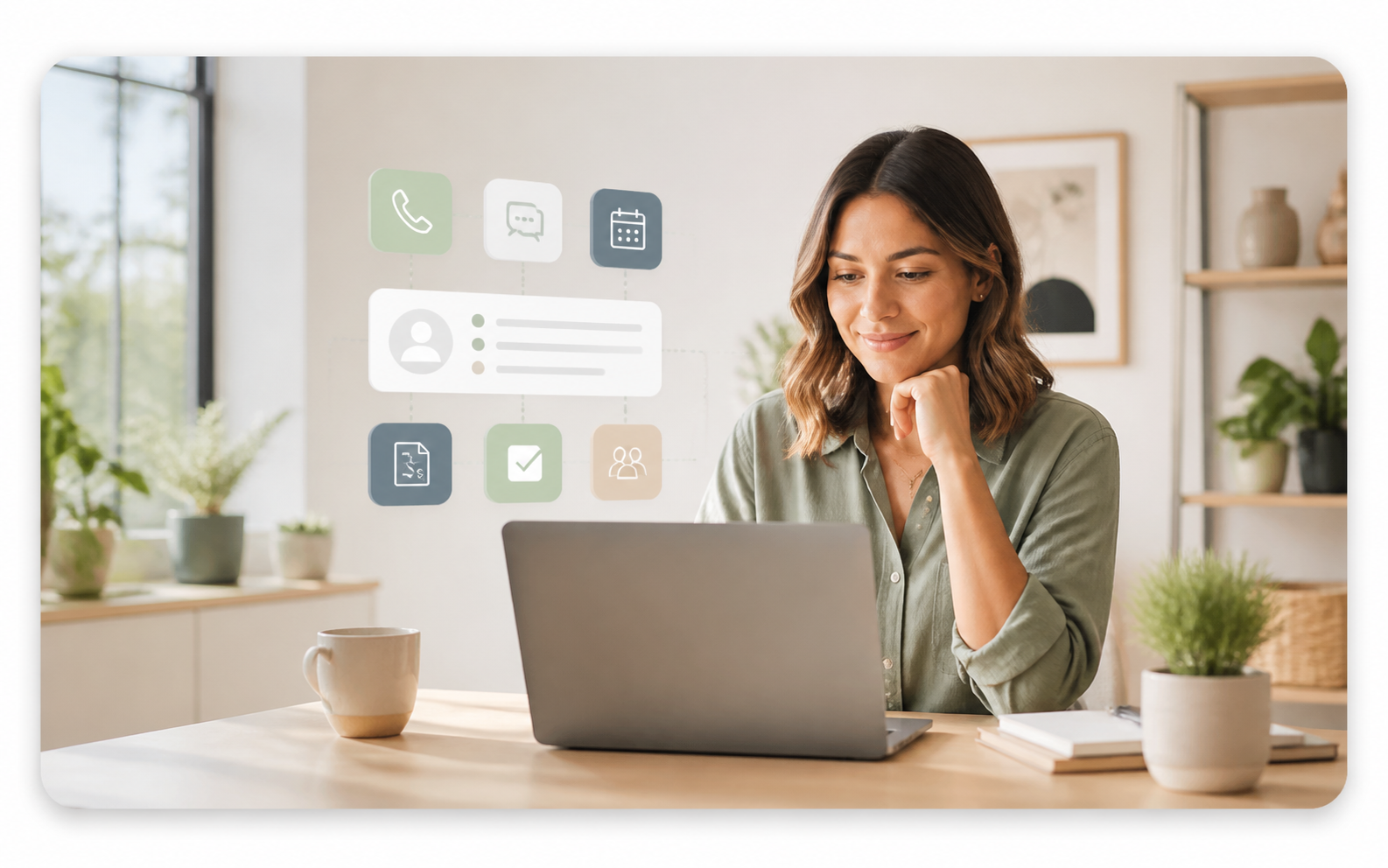 Small business owner reviewing automation and communication options on a laptop