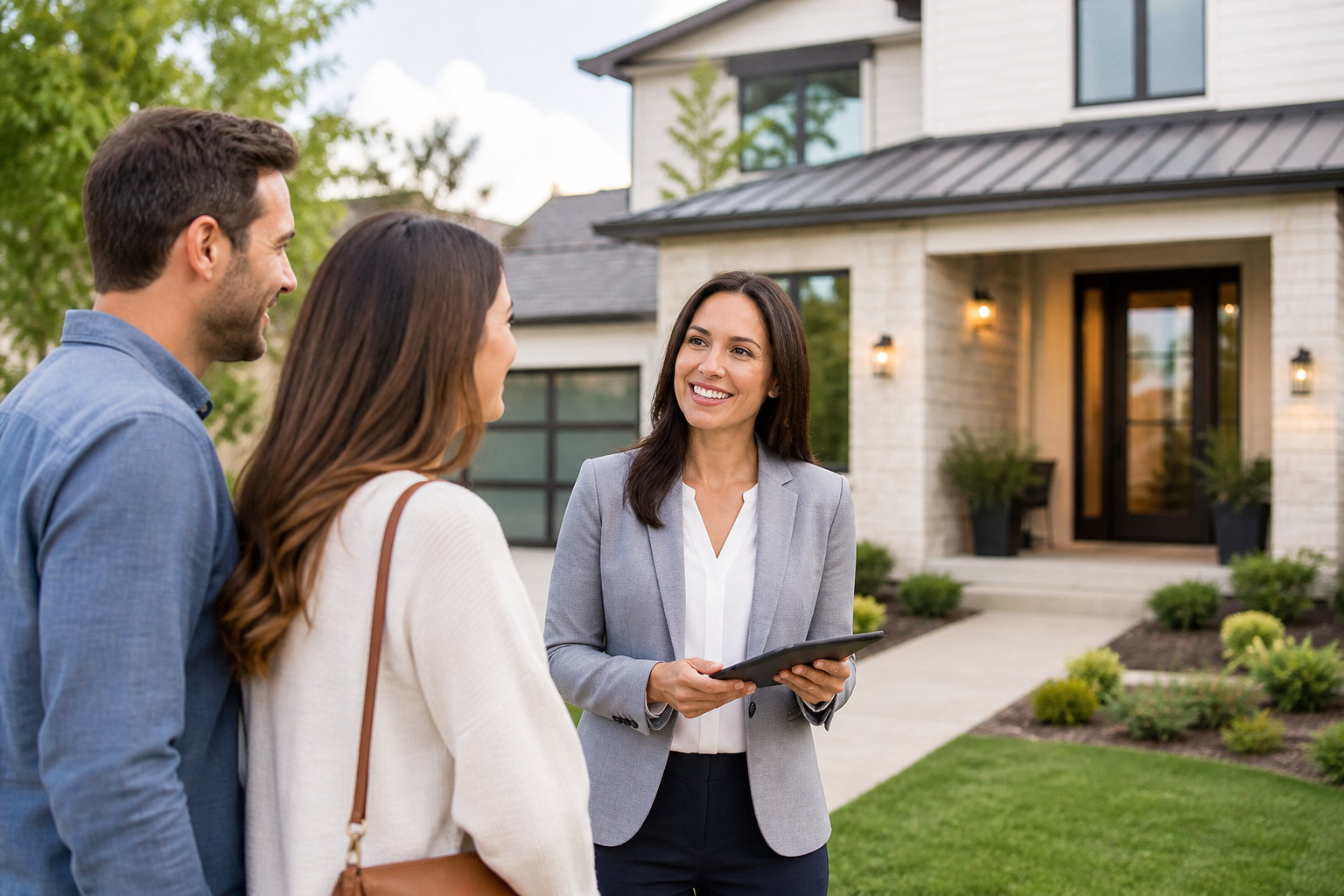 Realtor talking with buyers outside a modern home while holding a tablet